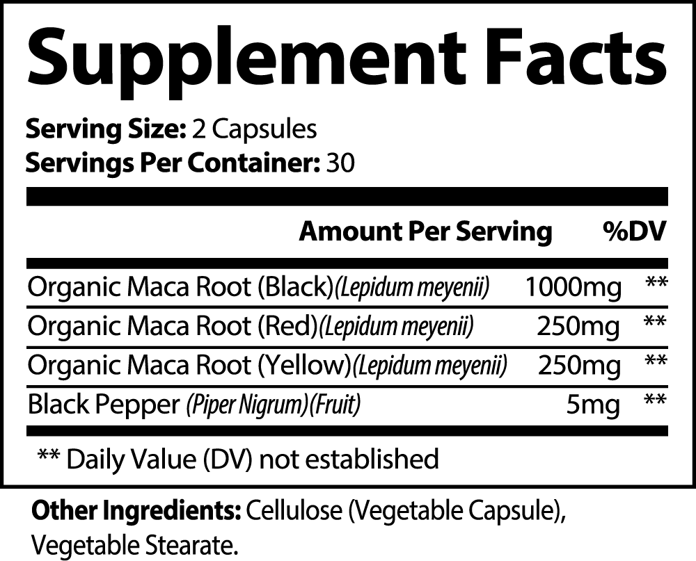 100% Organic Maca Root | Black+Red+Yellow | 1500MG